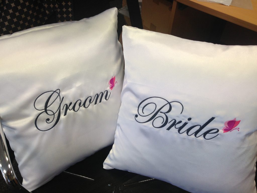 We work with 41cm x 41cm cushions in a variety of colours. These can be branded in the same way as the t-shirts and hoodies, or if something different is required this can be accommodated.