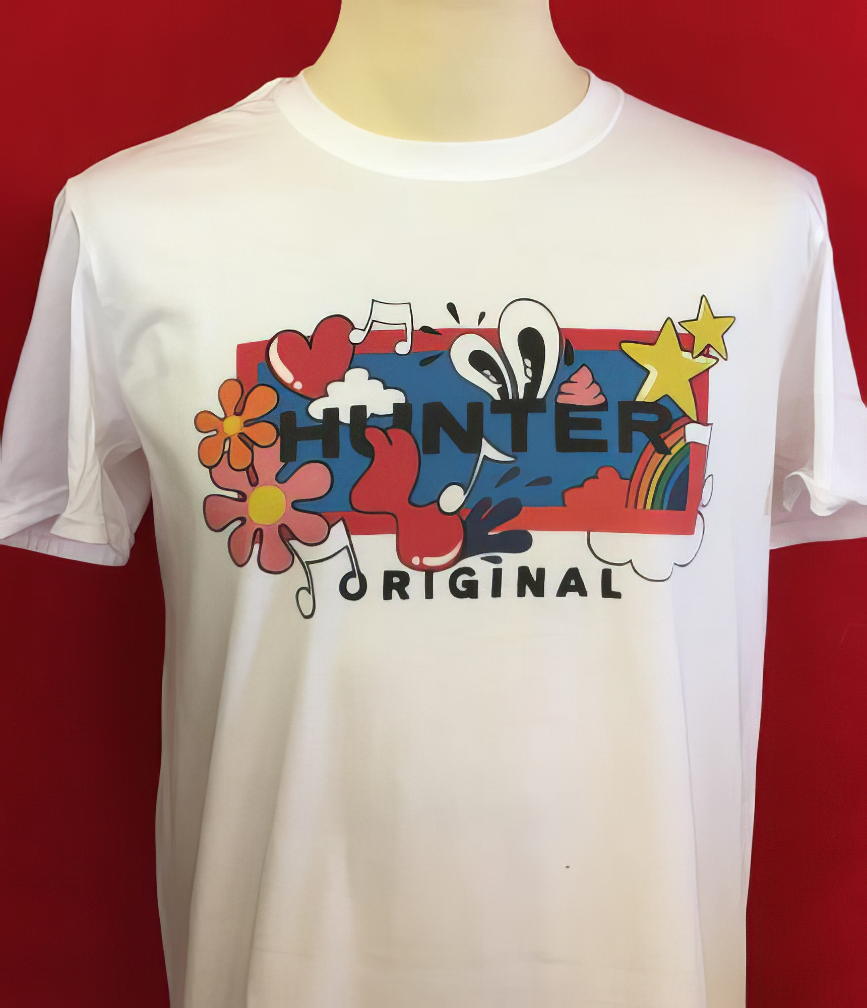 WHITE T-SHIRT WITH MULTI COLOUR DTG PRINT